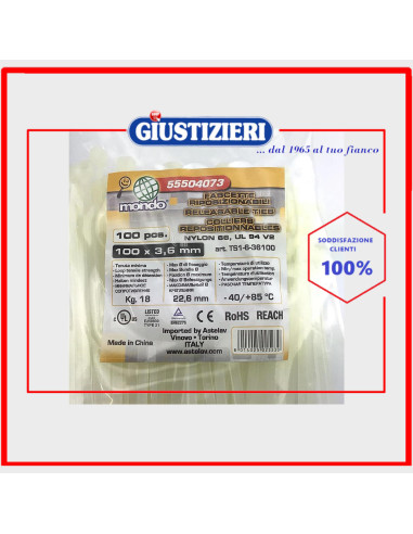 set 100 fascette nylon riposizionabili 100x3,6 mm mondo universale