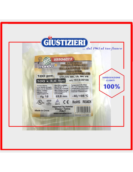 set 100 fascette nylon riposizionabili 100x3,6 mm mondo universale